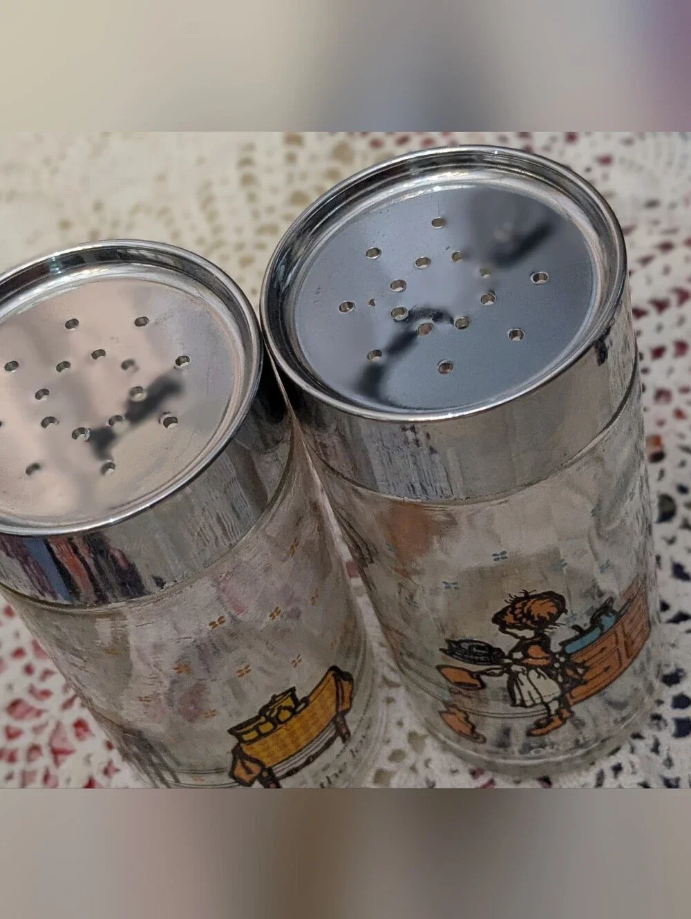 HOLLY HOBBIE Glass Salt and Pepper Shakers 1980 American Greetings Spice Jars
